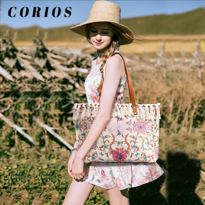 CORIOS Damen Canvas Handtasche Ethnischer Stil Schultertasche Böhmische Tote Beutel Sommer Strand Ta