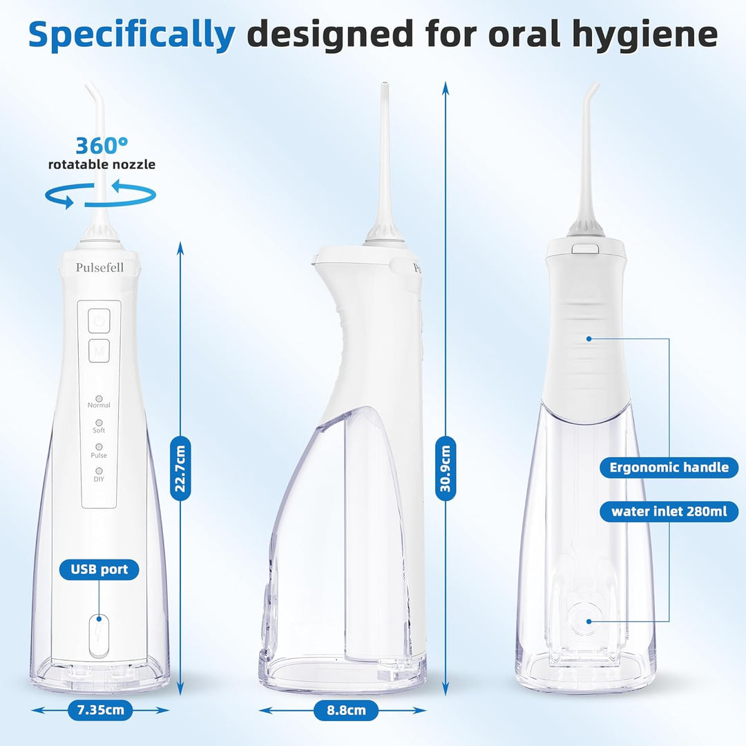 Oral Irrigator Professionell Kabellos, 300 ML Wiederaufladbare Wasserzahnreiniger mit 4 Düsen und 4