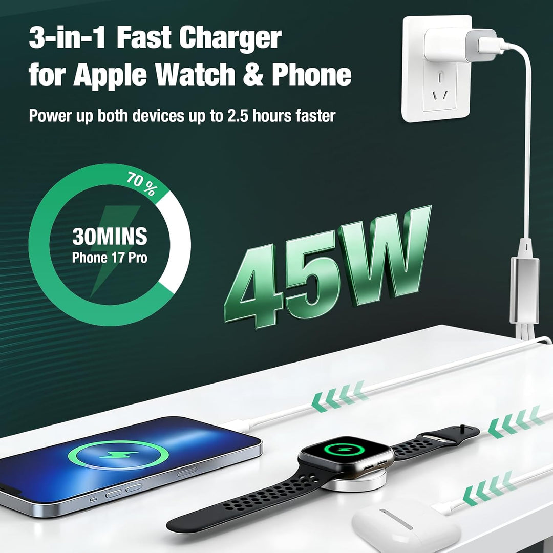 3 in 1 Ladegerät kompatibel für Apple Watch und iPhone USB C, 1.8M Ladekabel mit Magnet, 45W Schnell