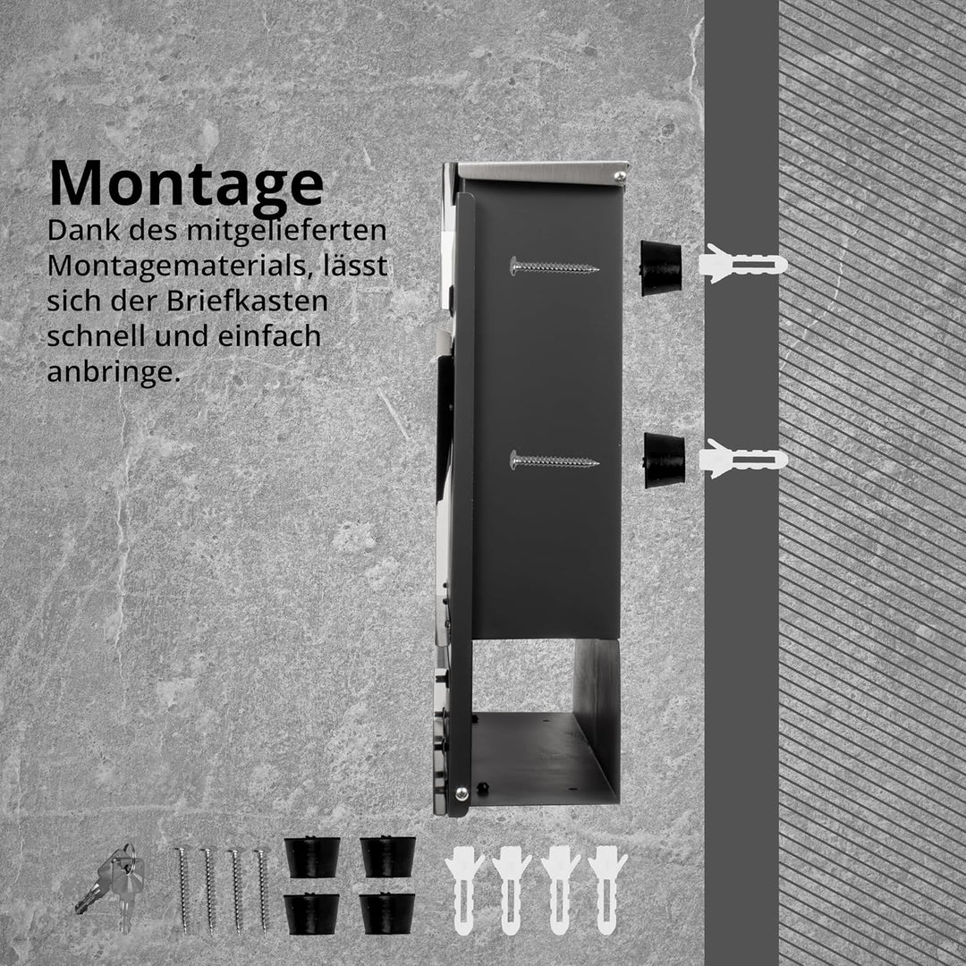 Grafner Premium Briefkasten personalisiert, Edelstahl mit Zeitungsfach und 2 Schlüssel, moderner Pos