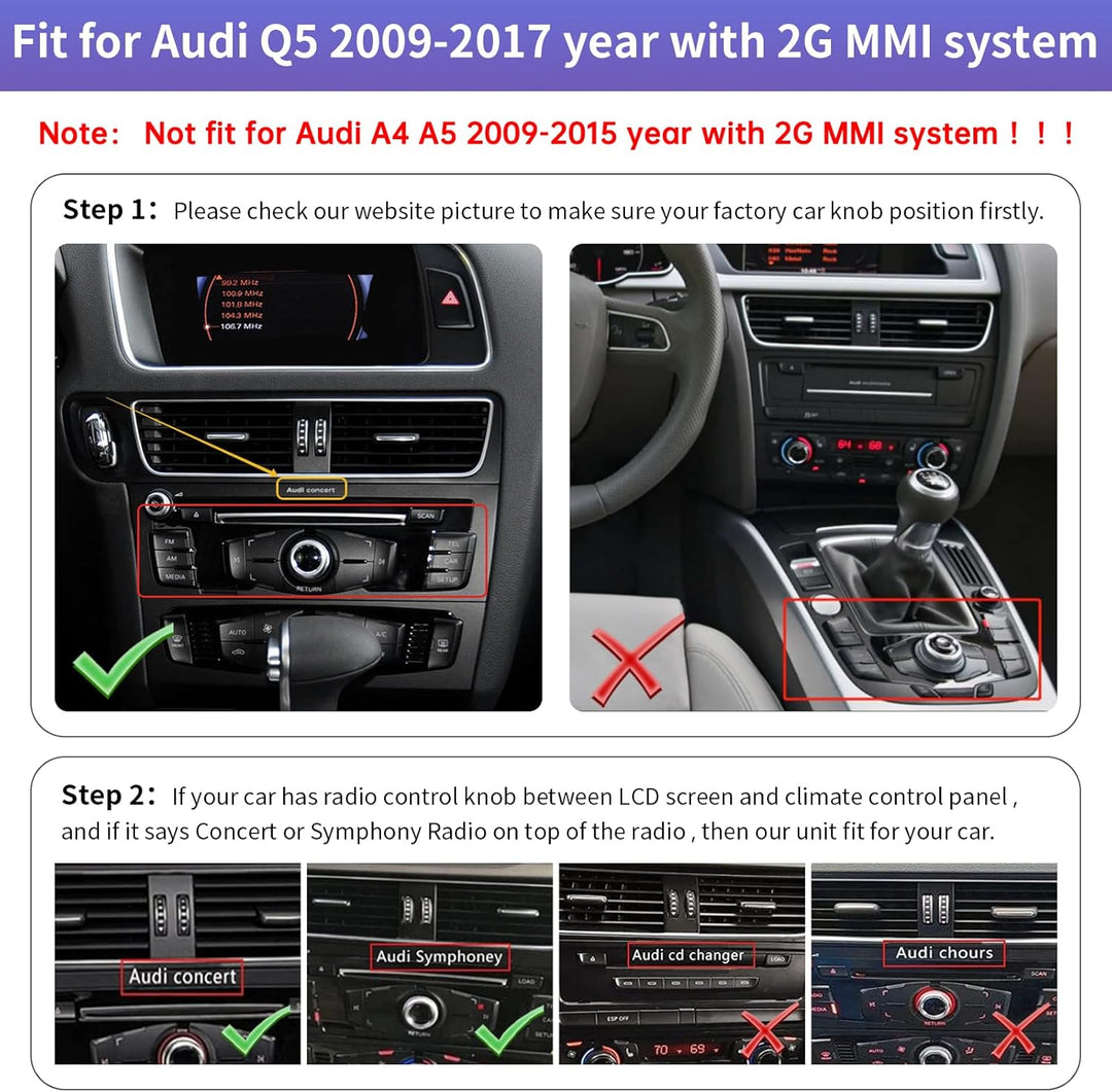 Road Top 12,3 Zoll Autoradio Drahtlos CarPlay Touchscreen für Audi Q5 2009-2017 Jahr mit 2GMMI, Auto