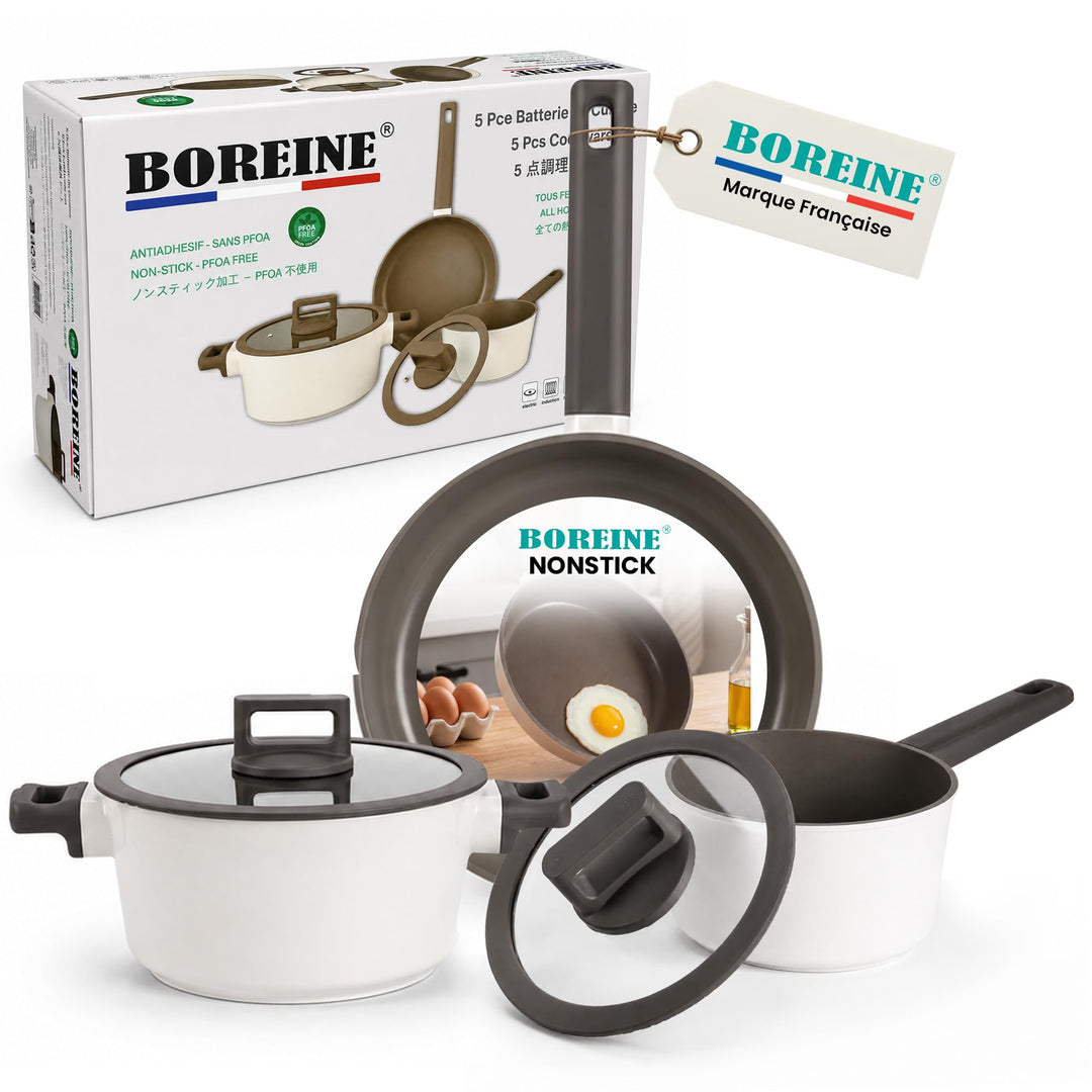 BOREINE Topfset Pfannenset 5-teilig, Bratpfanne 24cm Kochtöpfe 24cm Topf 18cm mit Deckel 18/24cm, An