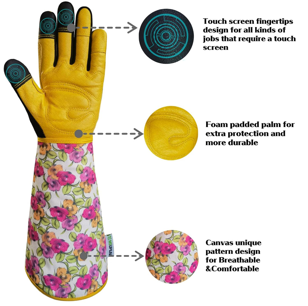 Gartenhandschuhe aus Leder für Damen, lange Manschette, Gartenhandschuhe mit Touchscreen-Design, Sic