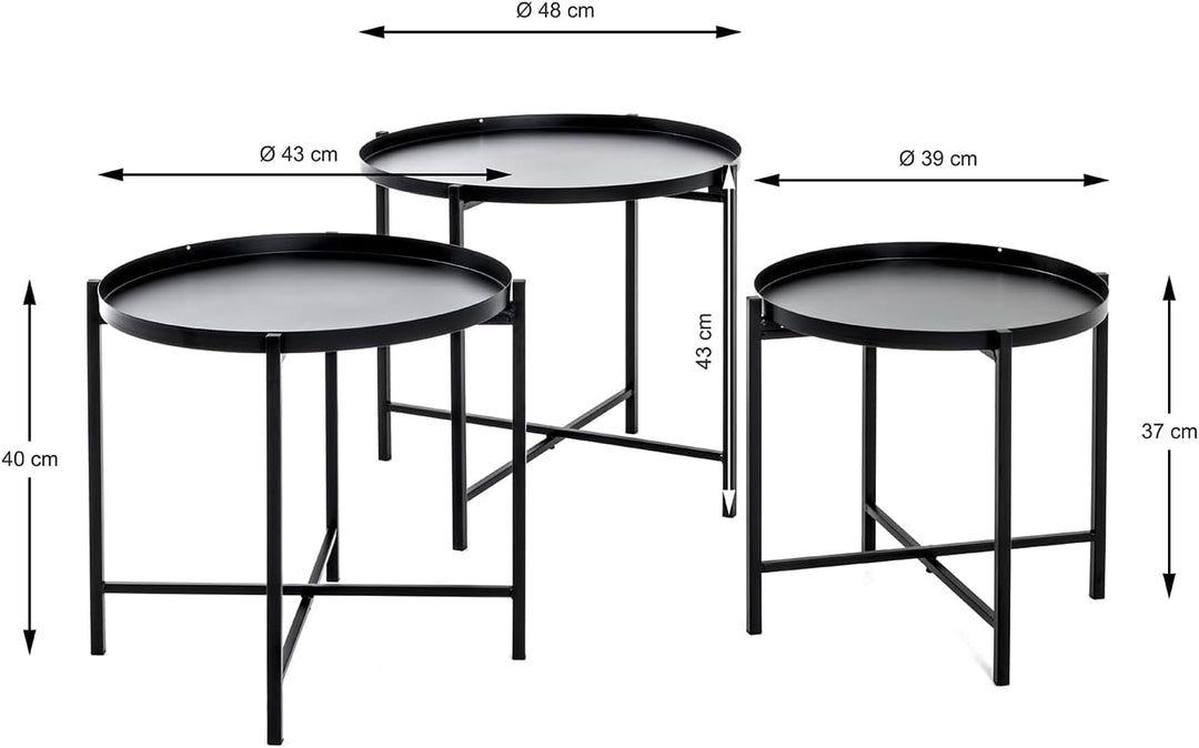 HAKU Möbel Beistelltisch 3er Set, Metall, schwarz, Ø 39 x H 37 cm / Ø 43 x H 40 cm / Ø 48 x H 43 cm