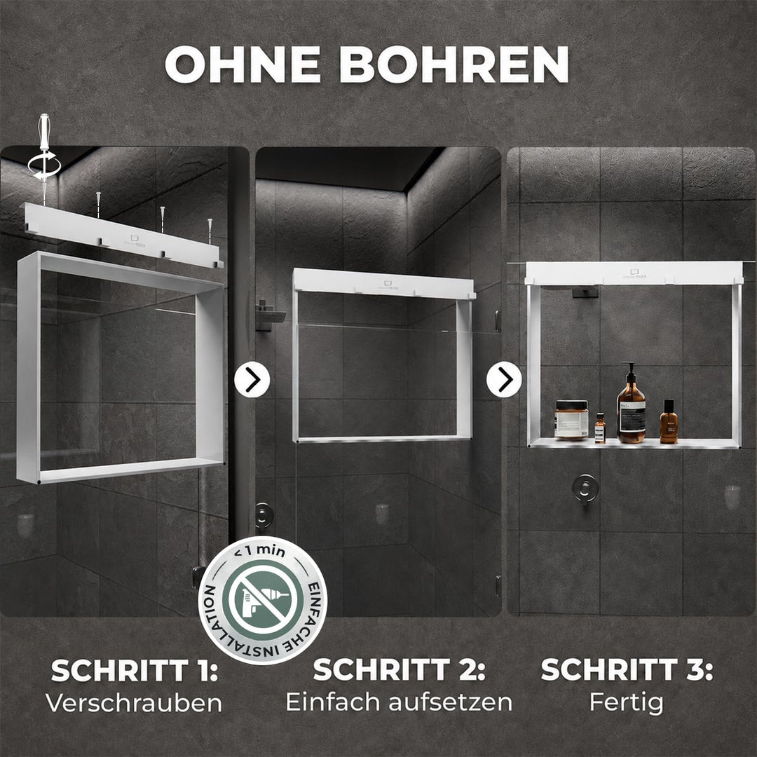 ShowerNIZR Duschregal Weiss - Duschablage ohne Bohren für Duschwand zum Hängen aus Edelstahl mit 4 H