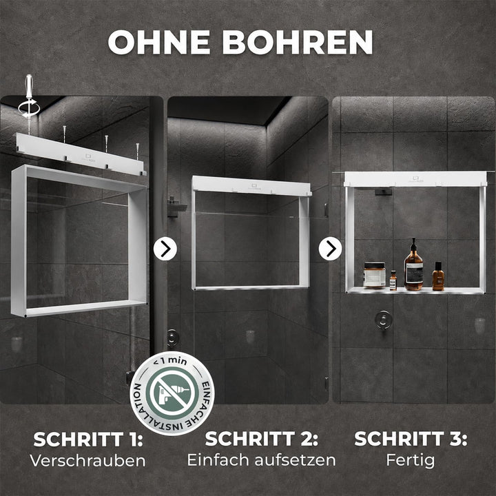 ShowerNIZR Duschregal Weiss - Duschablage ohne Bohren für Duschwand zum Hängen aus Edelstahl mit 4 H
