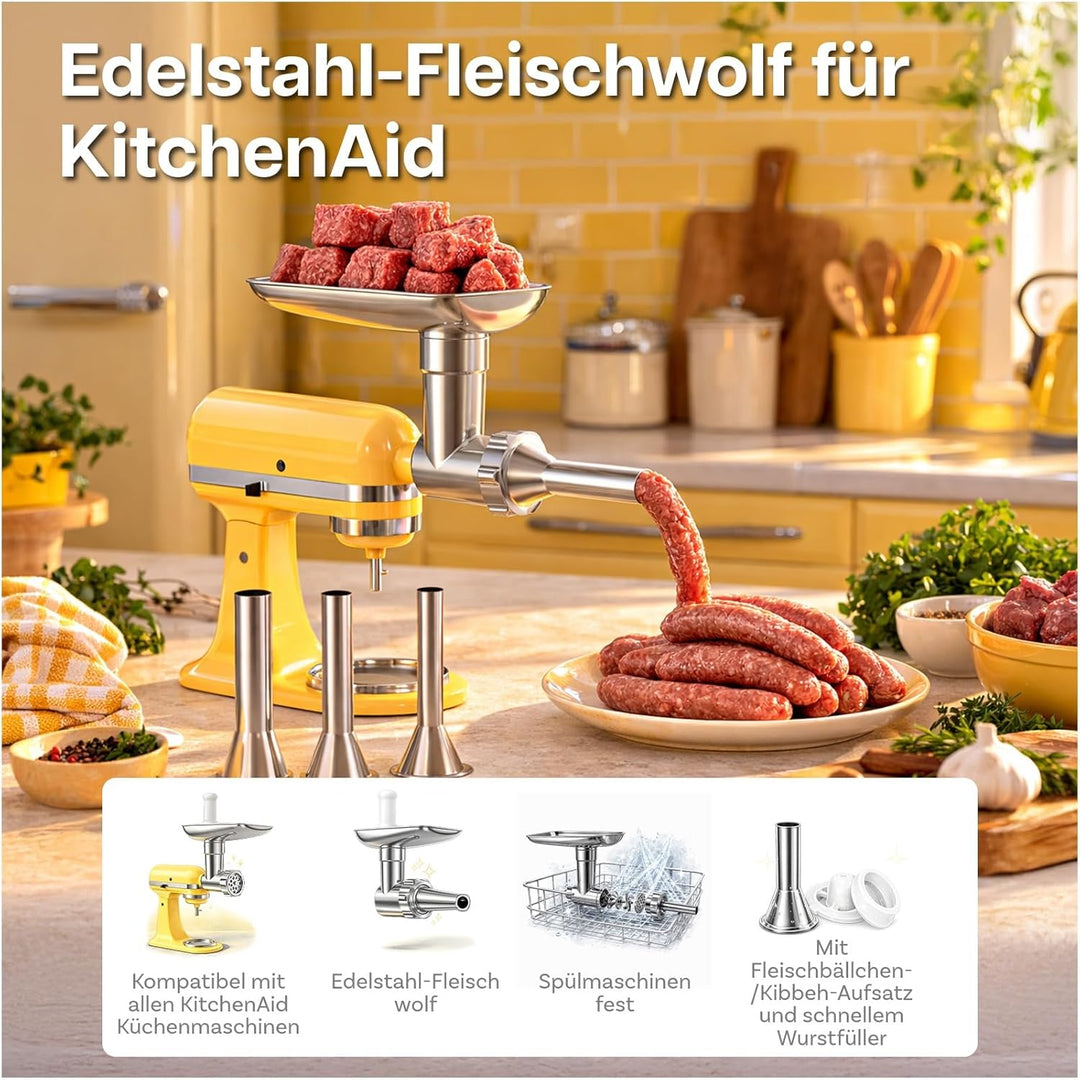 Fleischwolf Aufsatz Edelstahl für KitchenAid Standmixer - Fleischwolf Zubehör mit 4 Mahlscheibe, 3 W