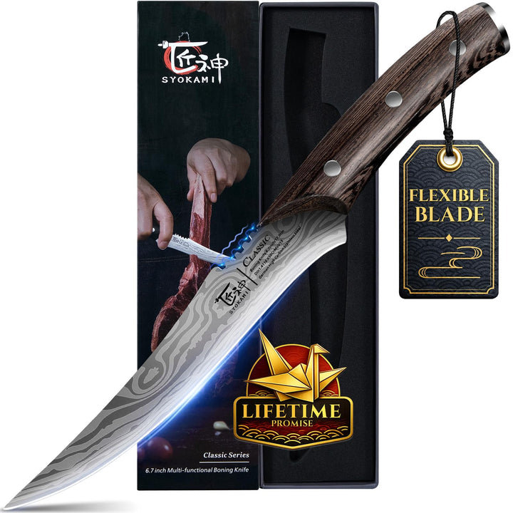 SYOKAMI Boning Knife for Meat Cutting, 6.7 Inch Japanese Style Fillet Knife with Wood Handle, High C