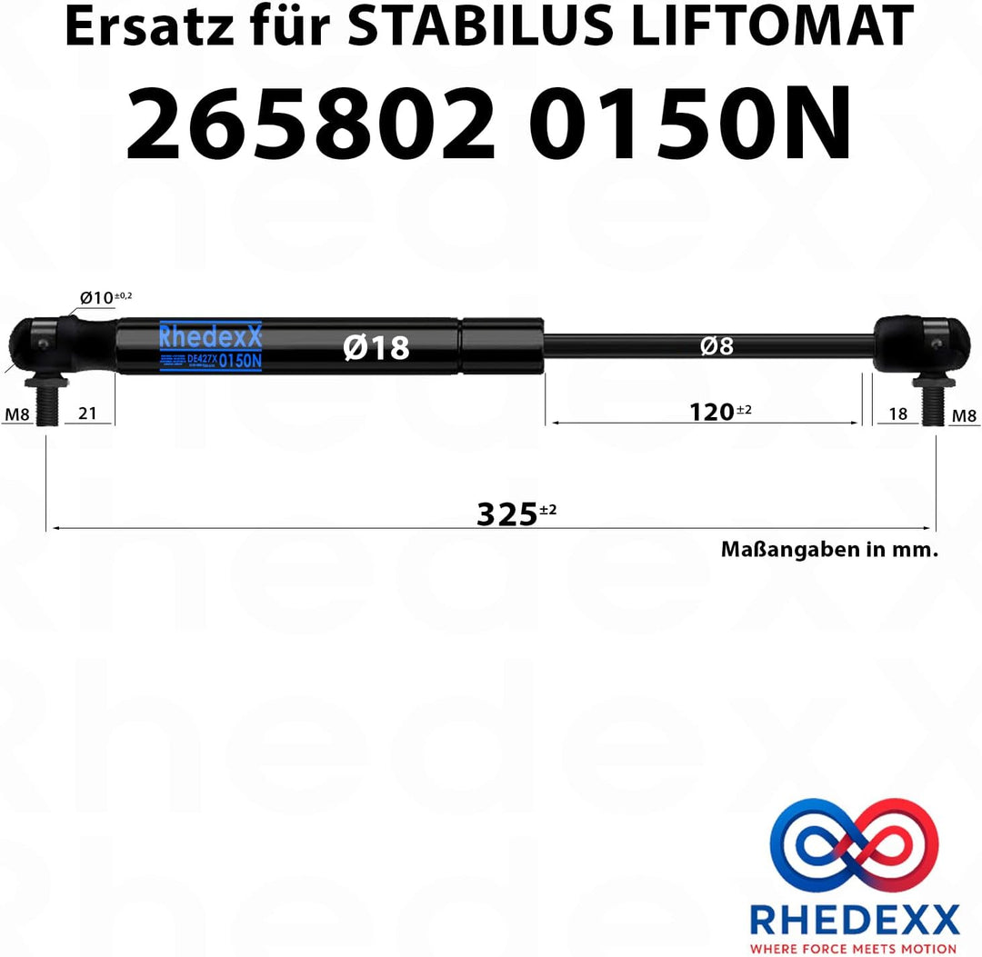 Ersatz für Stabilus Liftomat 265802 0150N RhedexX® Gasdruckfeder Winkelgelenk Gasdruckdämpfer mit M8