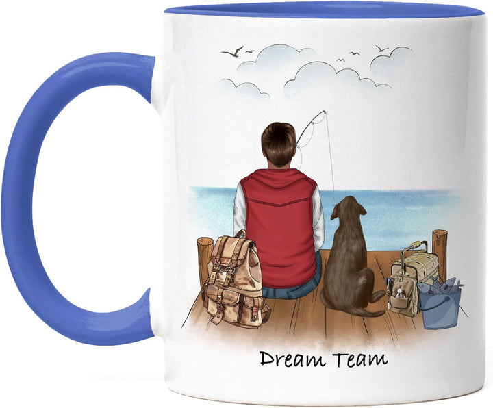 Angler &amp; Hund Tasse Blau Personalisiert Individuell mit Name Angeln Fischen Geschenk Opa Vater zum V