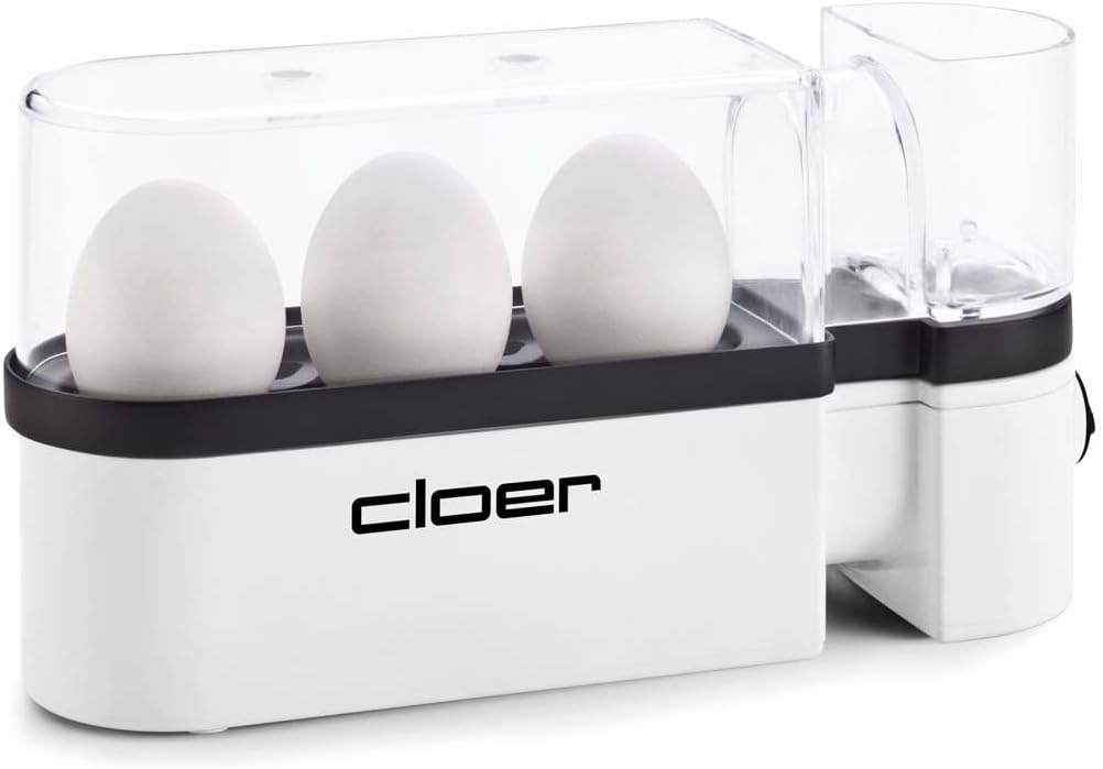 Cloer 6021 Eierkocher, bis zu 3 Eier, herausnehmbarer Eierträger, Servierfunktion, 300 Watt, Kunstst