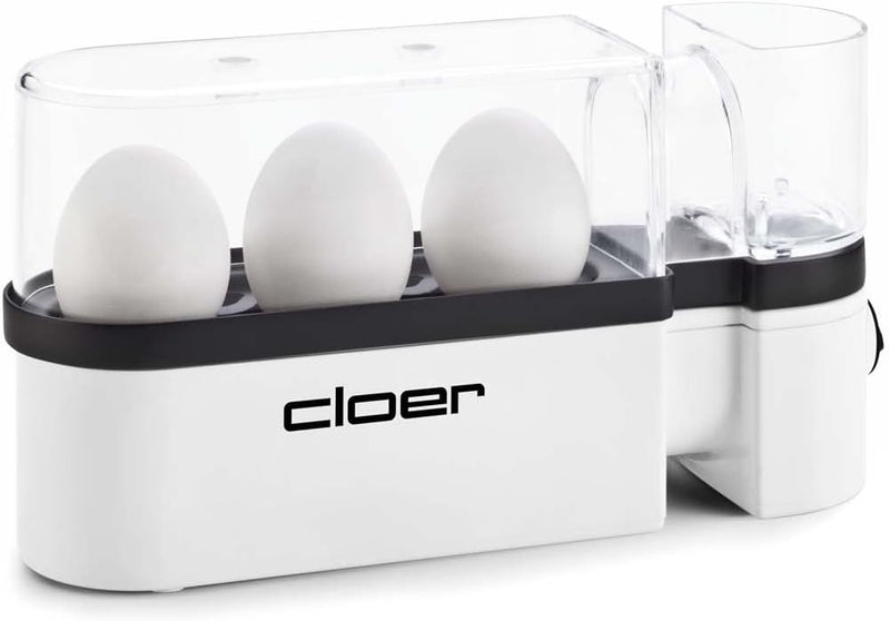 Cloer 6021 Eierkocher, bis zu 3 Eier, herausnehmbarer Eierträger, Servierfunktion, 300 Watt, Kunstst