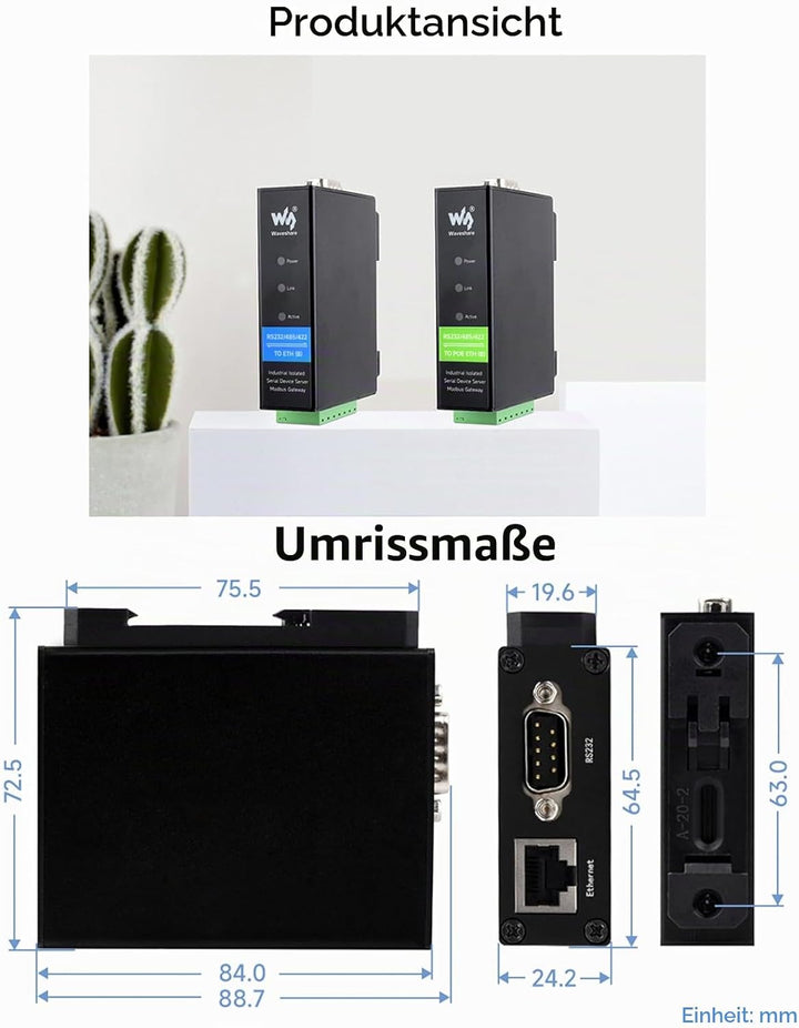 RS232/RS422/RS485 to RJ45 Ethernet Module, TCP/IP to Serial, with POE Function, Bi-Directional Trans