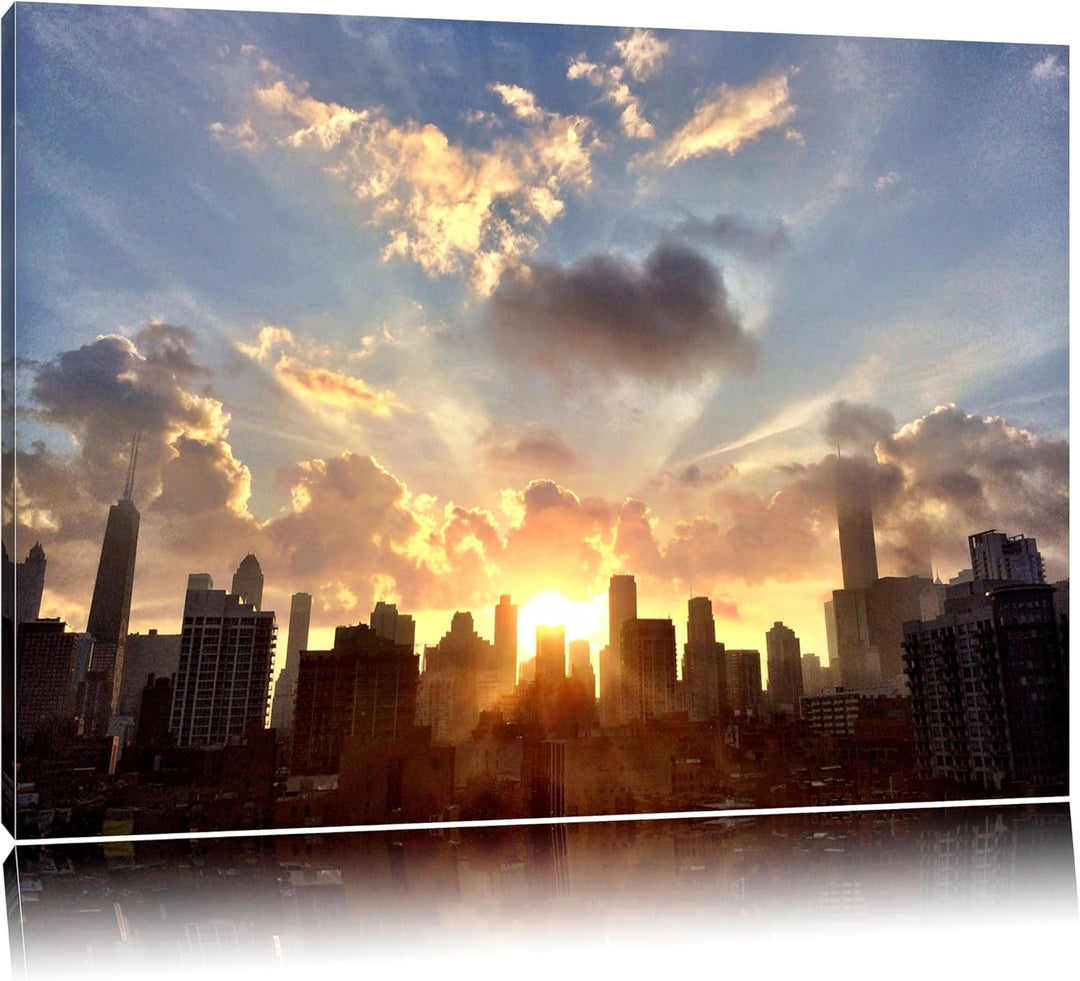 Chicago Skyline im Sonnenaufgang Format: 100x70 auf Leinwand, XXL riesige Bilder fertig gerahmt mit