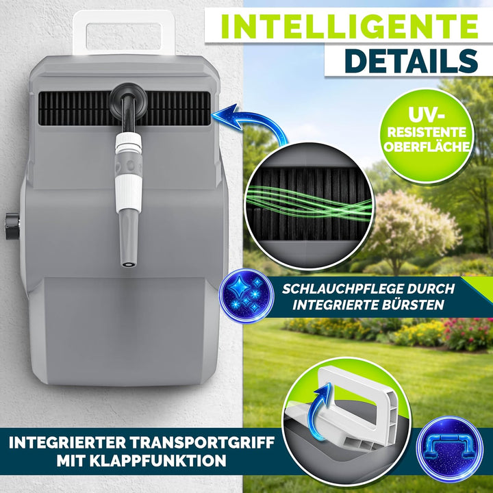 tillvex Schlauchtrommel Wasser mit Wandhalterung + Tragegriff | Schlauchaufroller mit Handbrause und