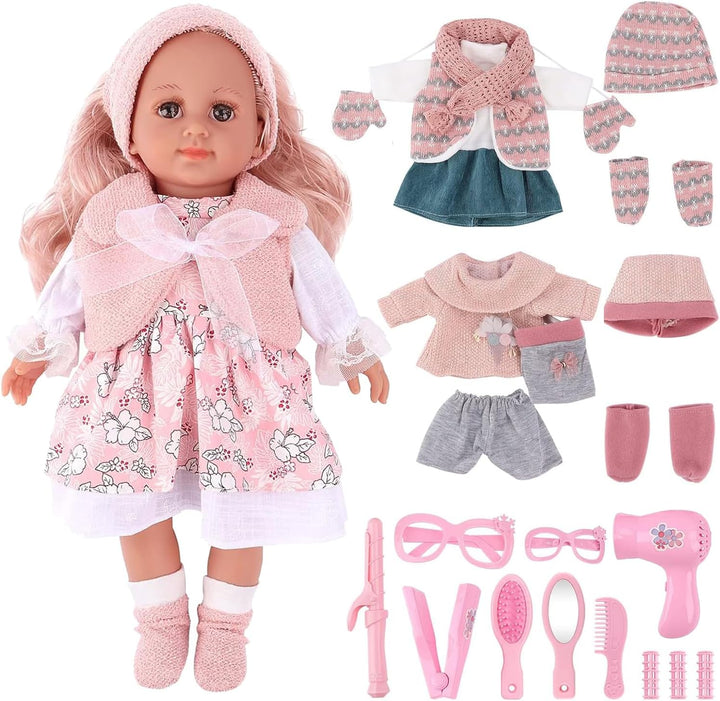 deAO Babypuppen-Spielset, Kleid Spiel Set für 36cm Puppe mit 3 Outfits und Puppenzubehör zum Kämmen