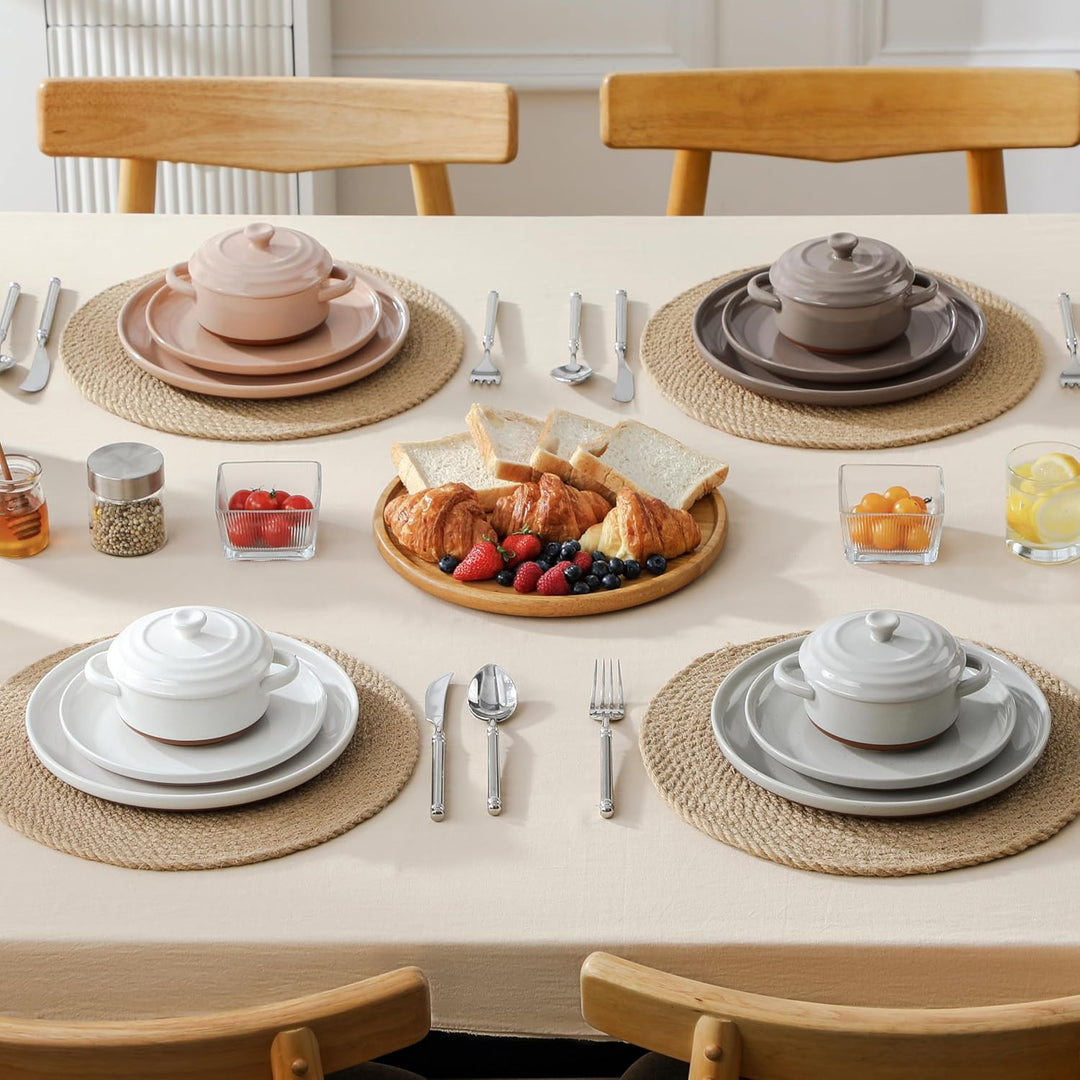 MALACASA Mini Cocotte Set 440 ml, 4 Stück Auflaufform Klein aus Steingut mit Deckel und Griffen, für