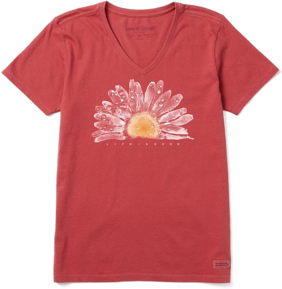 Life Is Good Damen Crusher Graphic V-Neck T-Shirt Watercolor Daisy Birds XS Blassrot, XS Blassrot