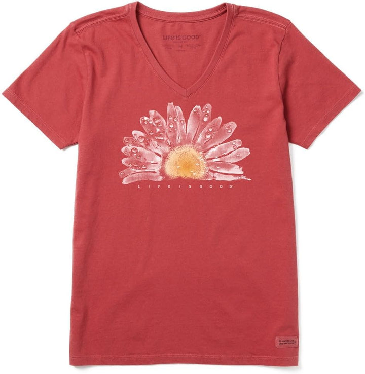Life Is Good Damen Crusher Graphic V-Neck T-Shirt Watercolor Daisy Birds XS Blassrot, XS Blassrot