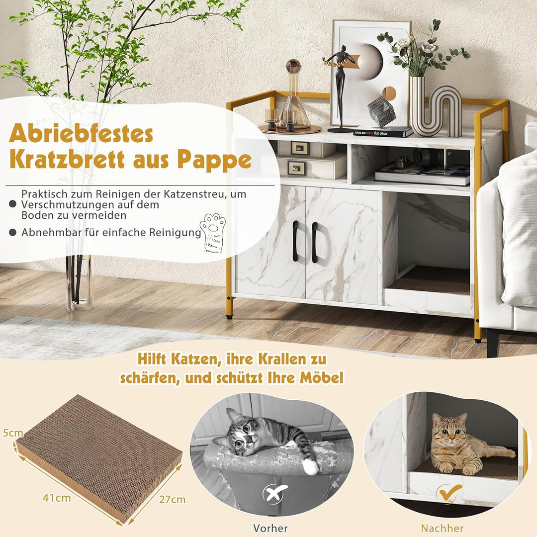 COSTWAY Katzenschrank Katzentoilette mit Doppeltüren &amp; Kratzunterlage, Katzenhaus mit offenem Regal