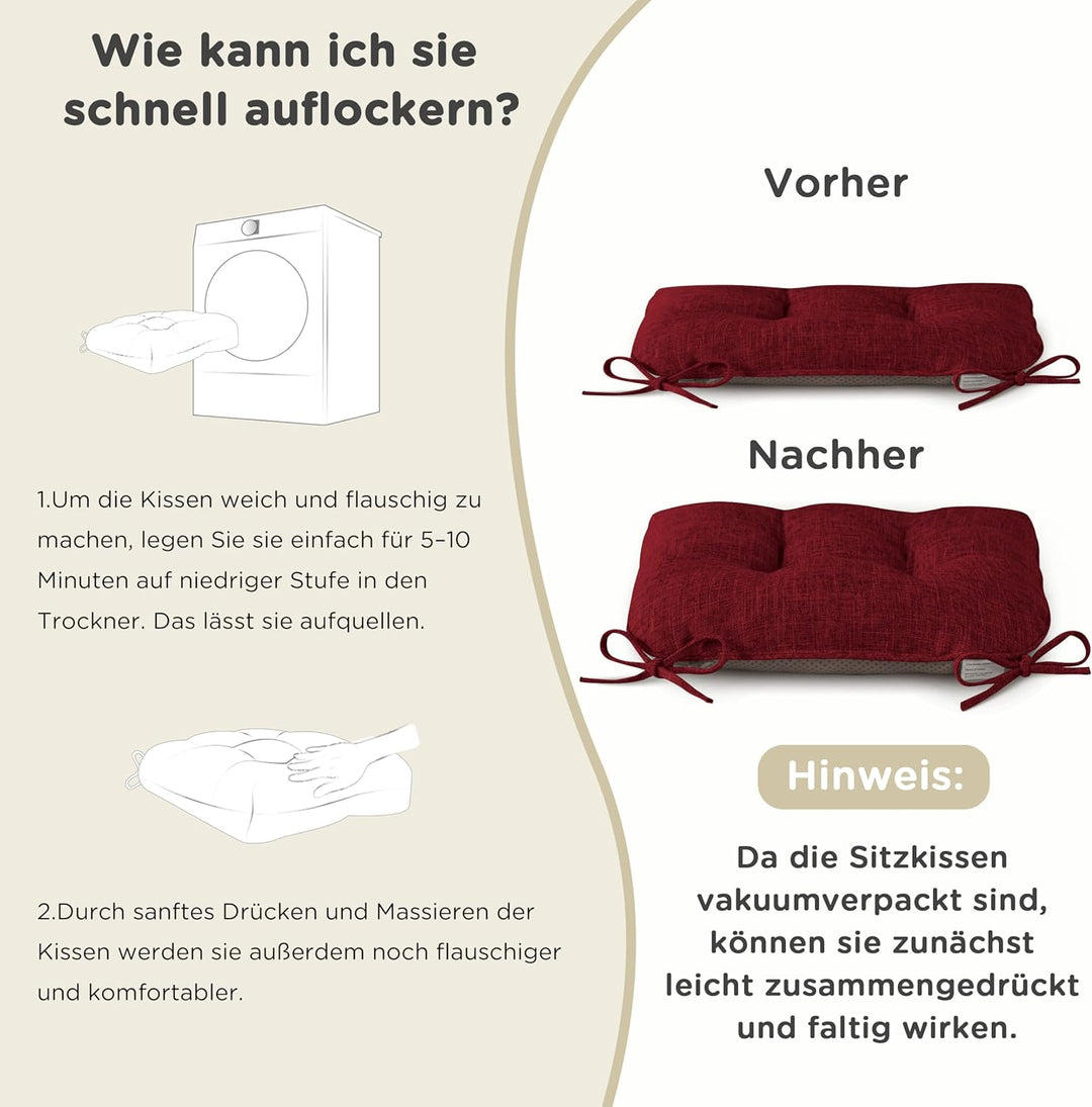 AddGrace Sitzkissen für Esszimmerstühle 4er-Pack 46x44x8cm Bordeaux | mit rutschfester Unterseite un
