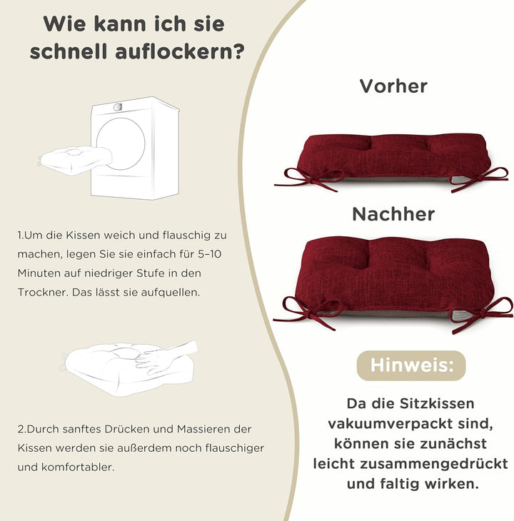 AddGrace Sitzkissen für Esszimmerstühle 4er-Pack 46x44x8cm Bordeaux | mit rutschfester Unterseite un
