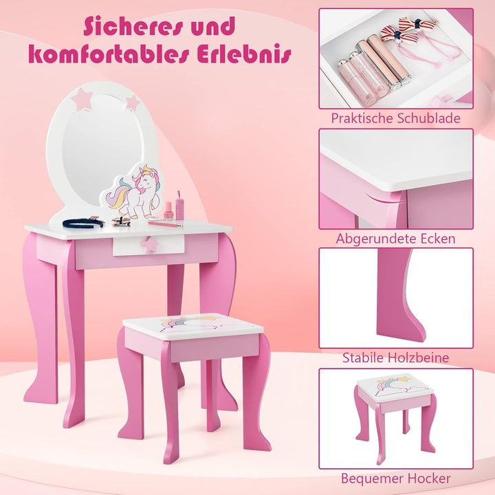 DREAMADE Kinder Schminktisch mit Hocker und Abnehmbarer Spiegel, Prinzessin Frisiertisch für Kinder,