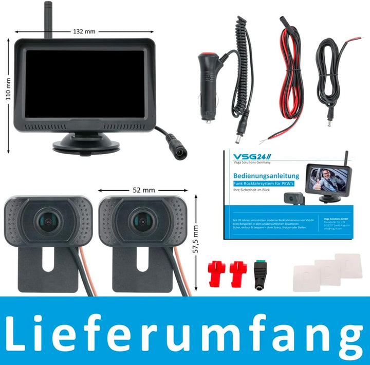 VSG24 5“ HD Set 2 Kameras Funk Rückfahrsystem Premium ONE für PKW, KFZ Set kabellos inkl. Rückfahrka