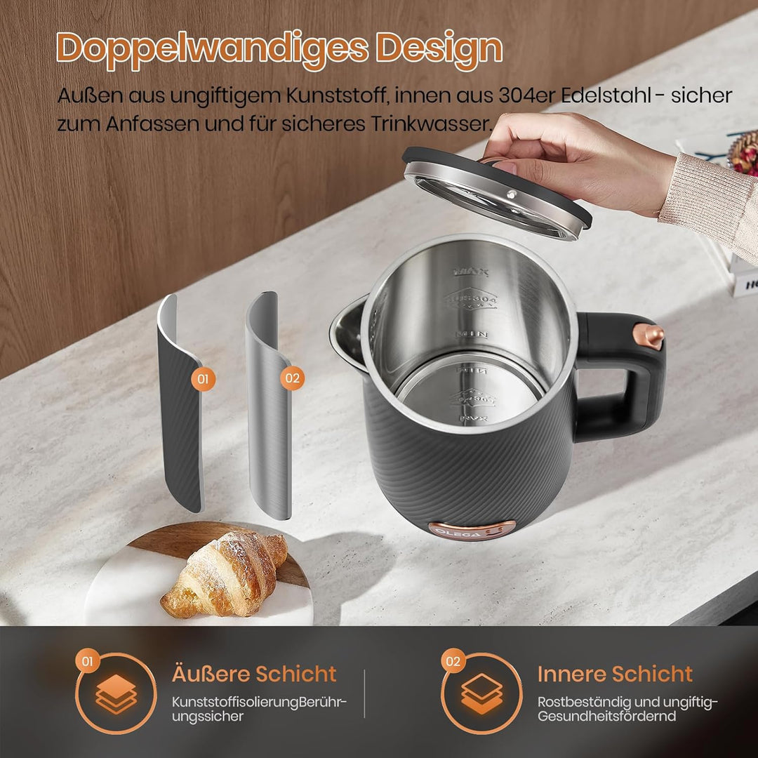 OLEGA Wasserkocher - 1800W Schnellaufheizender Elektrischer Teekessel BPA-freier 304 Edelstahl Elekt