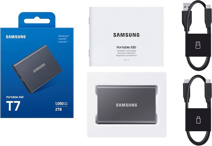 SAMSUNG T7 tragbare SSD, 2 TB externes Solid-State-Laufwerk, Geschwindigkeiten bis zu 1.050 MB/s, US