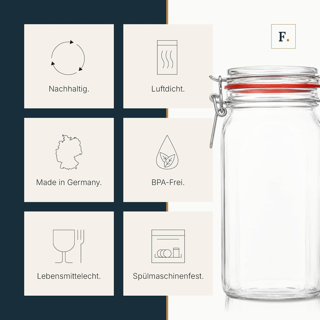 Flaschenbauer- 12 Drahtbügelgläser 1550ml verwendbar als Einmachglas und Fermentierglas, zu Aufbewah