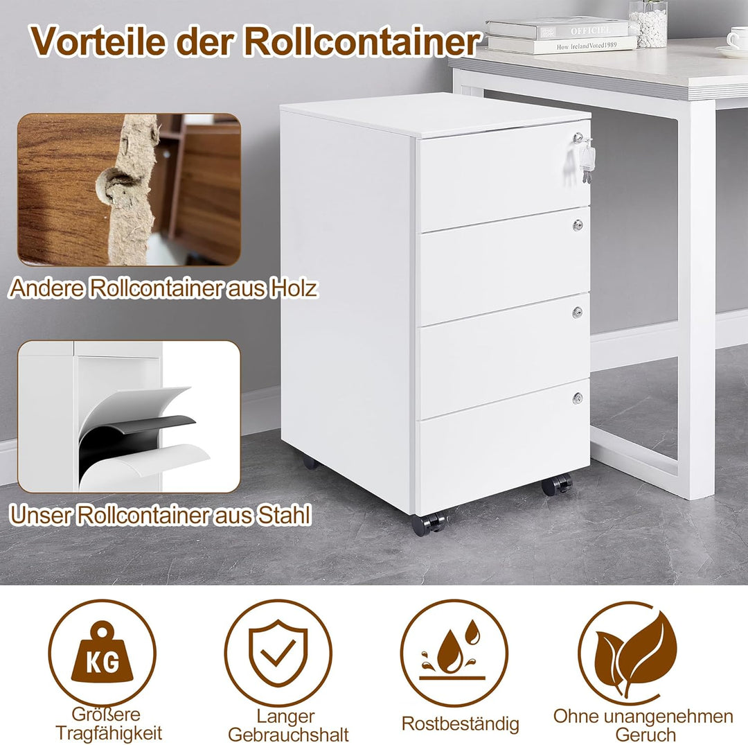 Rollcontainer, Mobiler Aktenschrank mit 4 Schlössern, 4 Schlüssel, 4 Schubladen, Rollcontainer Schre