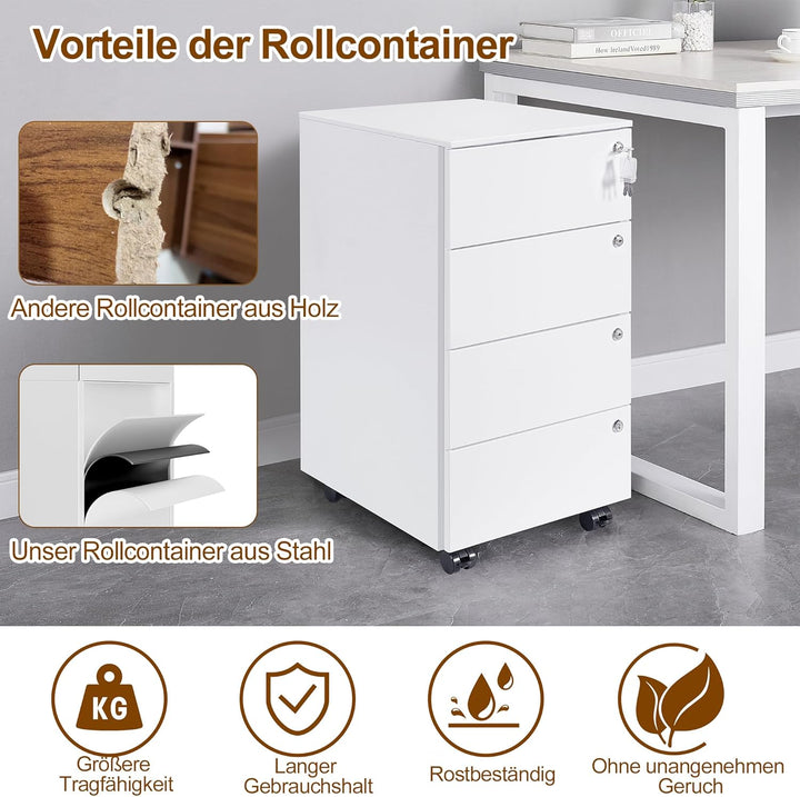 Rollcontainer, Mobiler Aktenschrank mit 4 Schlössern, 4 Schlüssel, 4 Schubladen, Rollcontainer Schre