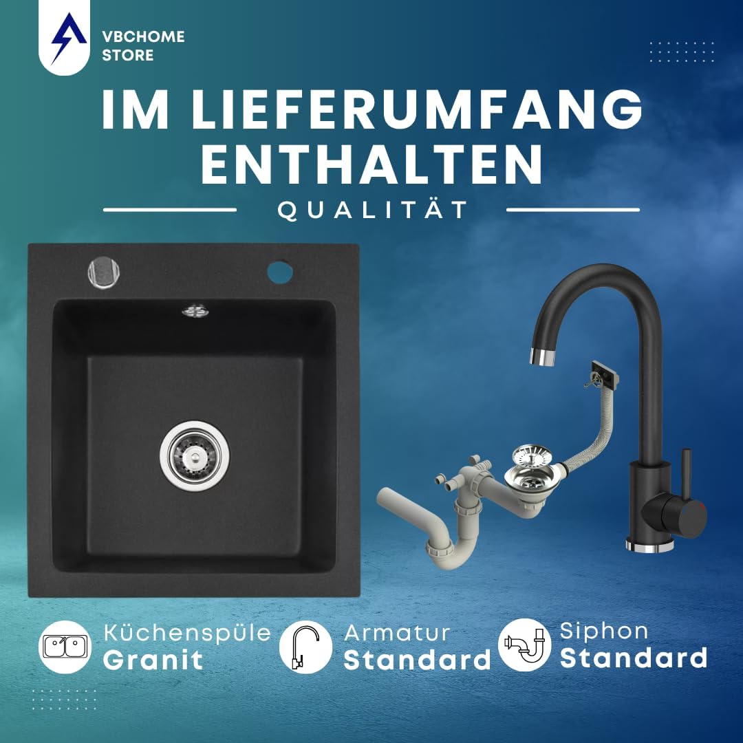 VBChome Granitspüle 50 x 48 cm Schwarz mit Armatur Einzelbecken Einbauspüle Gesprenkelt Pflegeleicht