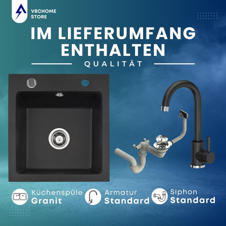 VBChome Granitspüle 50 x 48 cm Schwarz mit Armatur Einzelbecken Einbauspüle Gesprenkelt Pflegeleicht