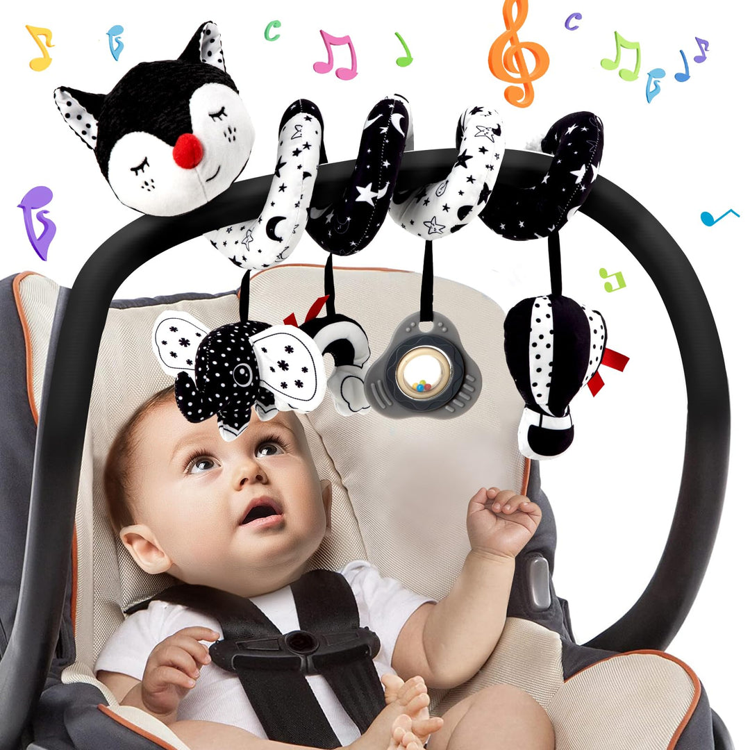 Funsland Kinderwagen Spielzeug, Baby Activity Spirale Spielzeug mit Musik, Hängen Plüsch Schwarz Wei