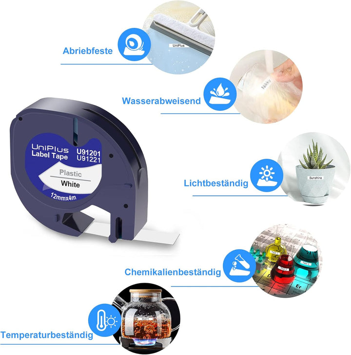 UniPlus Kompatibel Dymo Etikettenband für Dymo Letratag 91221 91201 S0721660 12mm x 4m Kunststoff Sc
