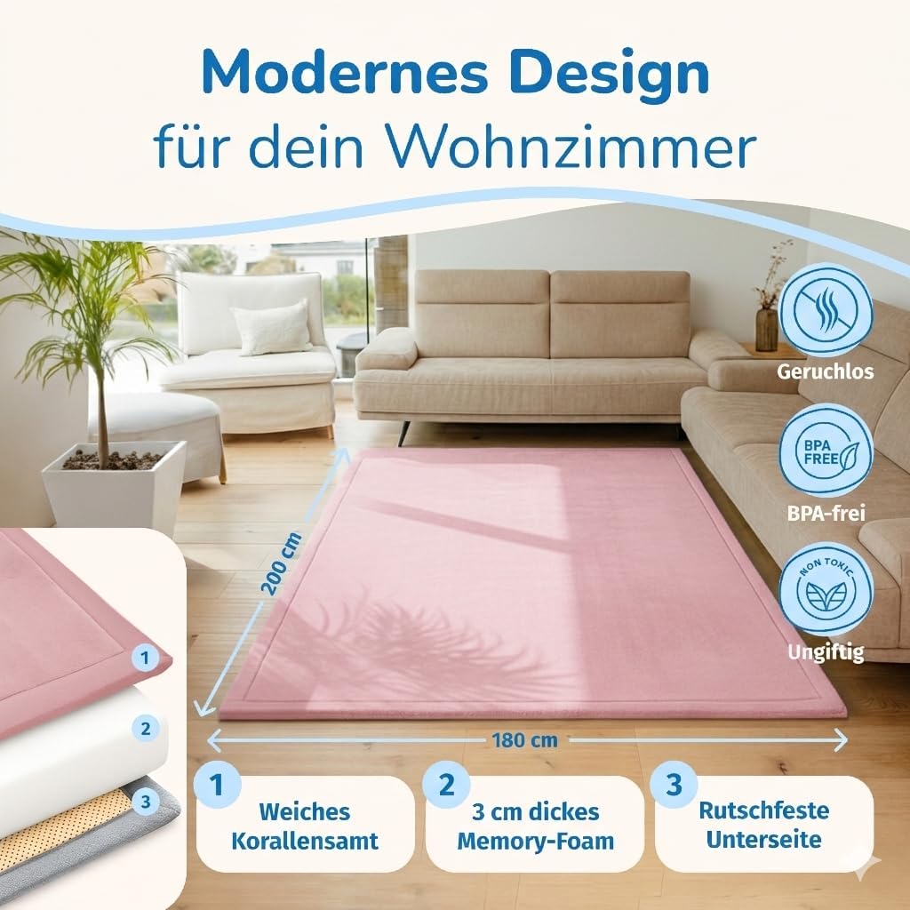 BabybeFun Krabbelmatte Baby - kuschelig weich - 3cm Dicke Spielmatte - schützt vor Stössen - Teppich