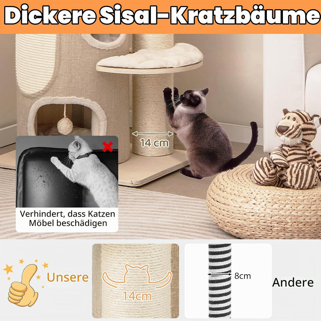 SOARS Kratzbaum gross, 154 cm Katzenbaum mit Kratztonne, 14 cm dickem Stamm, Plattformen, Liegemulde