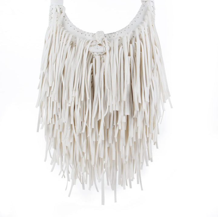 Damen handgefertigte Leder Franse Quaste Crossbody Hobo Schultertasche Umhängetaschen Weiss, Wei