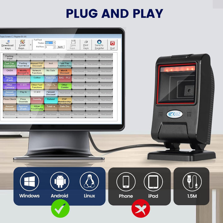OBZ 1D 2D Desktop Barcode Scanner, QR Code Scanner für PC Handsfree Barcode-Scanner USB mit Einstell
