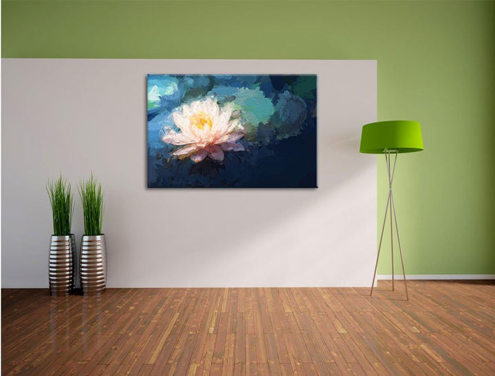 Pixxprint Lotusblume in Teich / 100x70cm Leinwandbild bespannt auf Holzrahmen/Wandbild Kunstdruck De