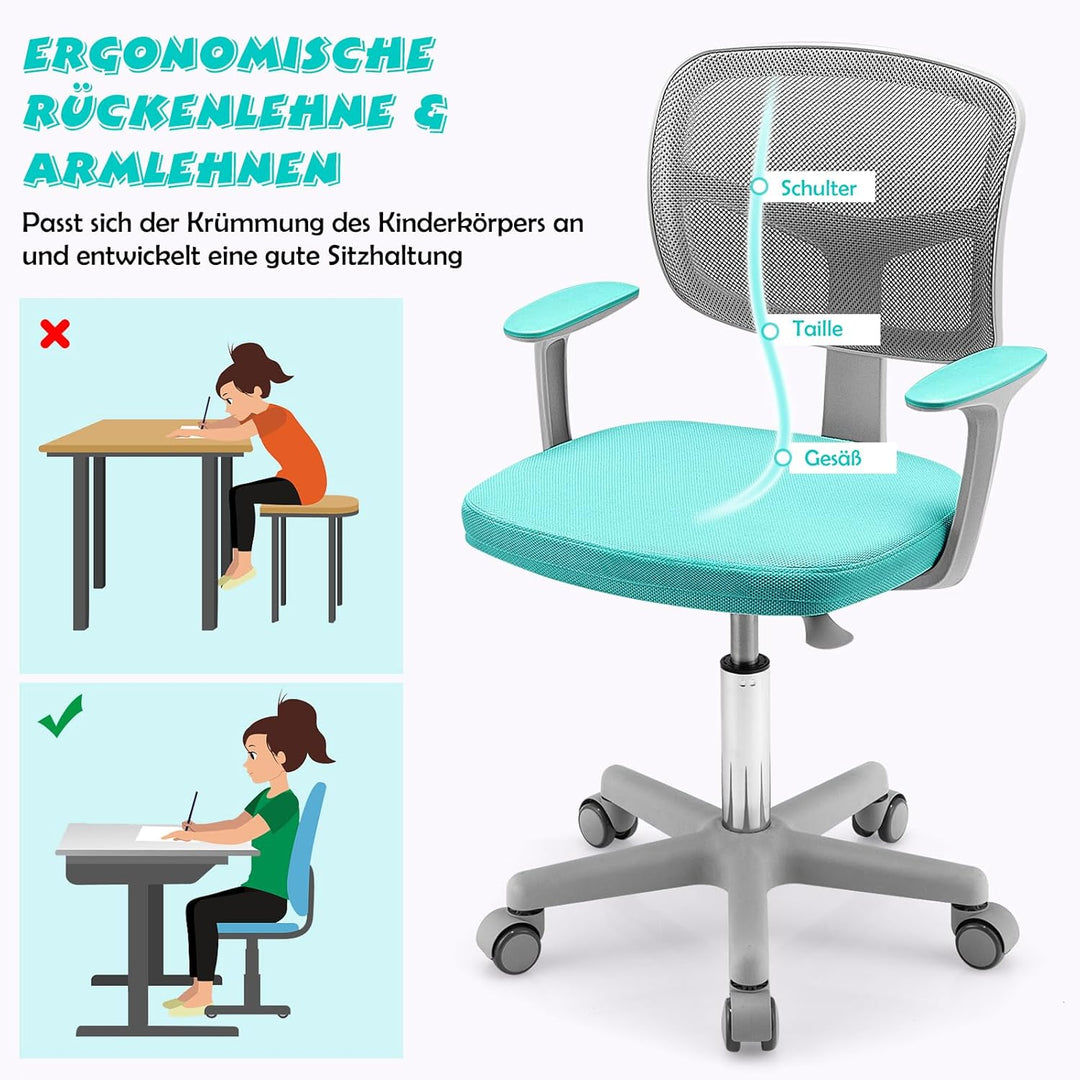 COSTWAY 360° Drehbarer Kinderschreibtischstuhl, 80-91,5 cm Höhenverstellbarer Jungendstuhl mit Rücke