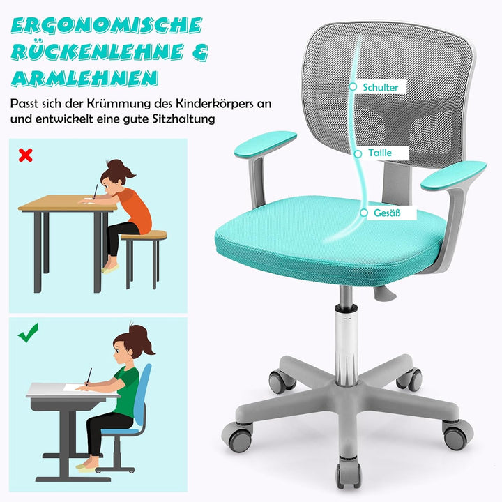 COSTWAY 360° Drehbarer Kinderschreibtischstuhl, 80-91,5 cm Höhenverstellbarer Jungendstuhl mit Rücke