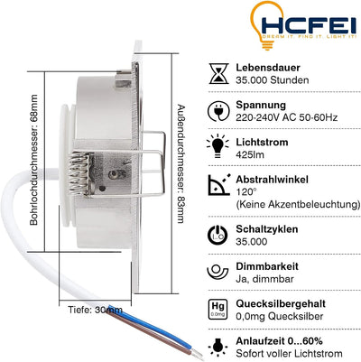 HCFEI 6er set LED Einbaustrahler eckig dimmbar matt-chrom schwenkbar 5W flach 230V Einbau-Spot Strah