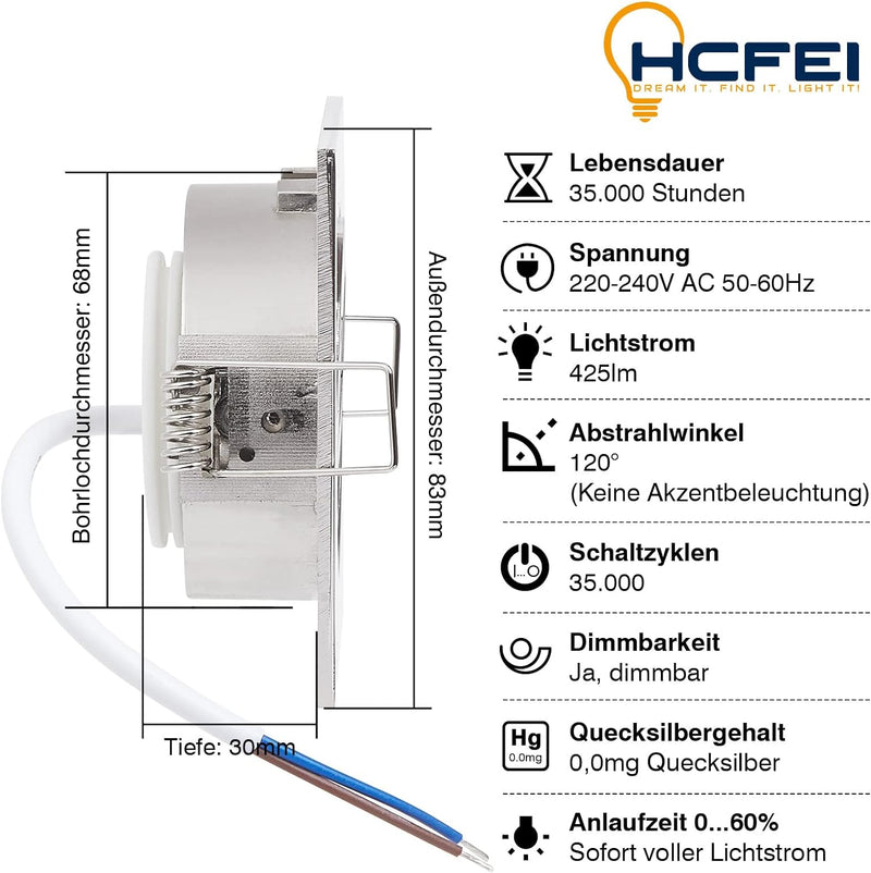 HCFEI 6er set LED Einbaustrahler eckig dimmbar matt-chrom schwenkbar 5W flach 230V Einbau-Spot Strah