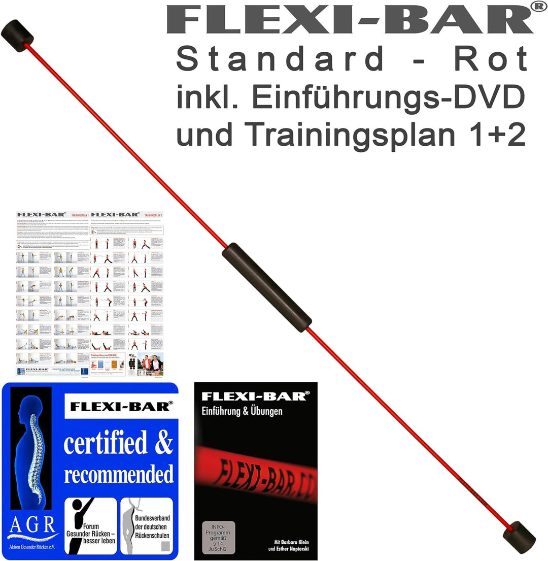 FLEXI-BAR® Standard, Rot, hochbelastbarer Schwingstab von Flexi-Sports mit Einführungs-DVD und Train