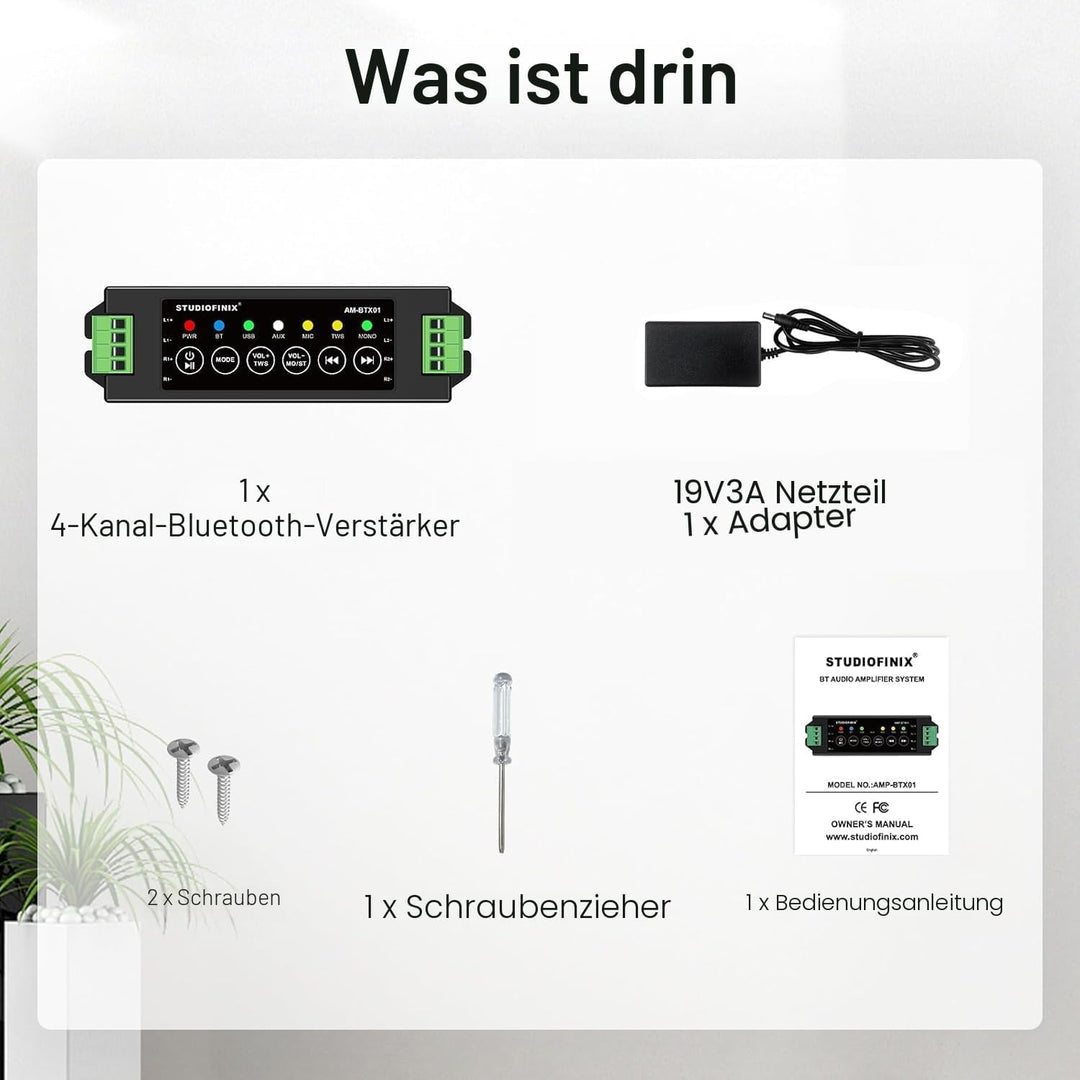 STUODIOFINIX 4-Kanal Mini Bluetooth Verstärker 120w für Passive Lautsprecher mit TWS, AUX, MIC, USB,
