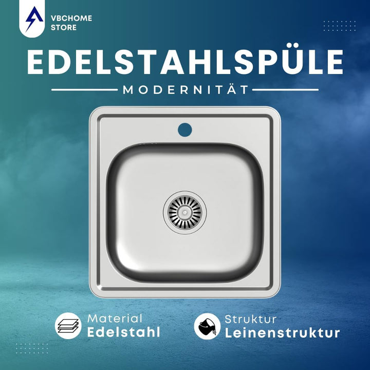 VBChome Edelstahlspülbecken 48x48 cm – Satinierte Oberfläche, Hochwertiger Edelstahl Inox, Tiefe Spü