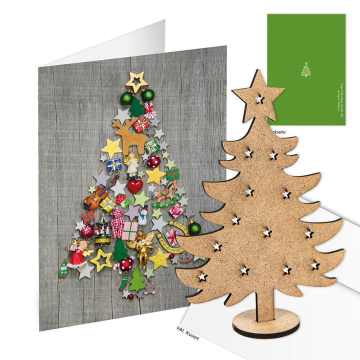 Logbuch-Verlag 10 Weihnachtskarten DIN A6 grau bunt mit Kuverts + Weihnachtsbaum aus Holz - Weihnach